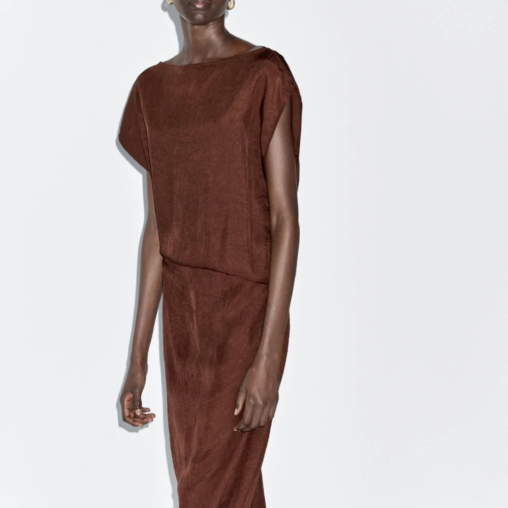 NWT Massimo Dutti Burgundy/Warm Chocolate Satin Midi Dress Size 2 US / 34 EUR - Picture 7 of 14